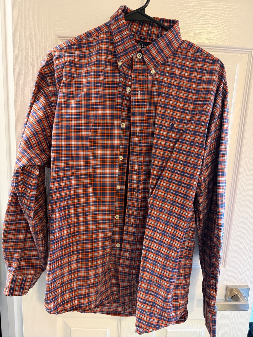 Polo Ralph Lauren Men’s Medium Big Shirt Orange Navy Plaid 100% Cotton